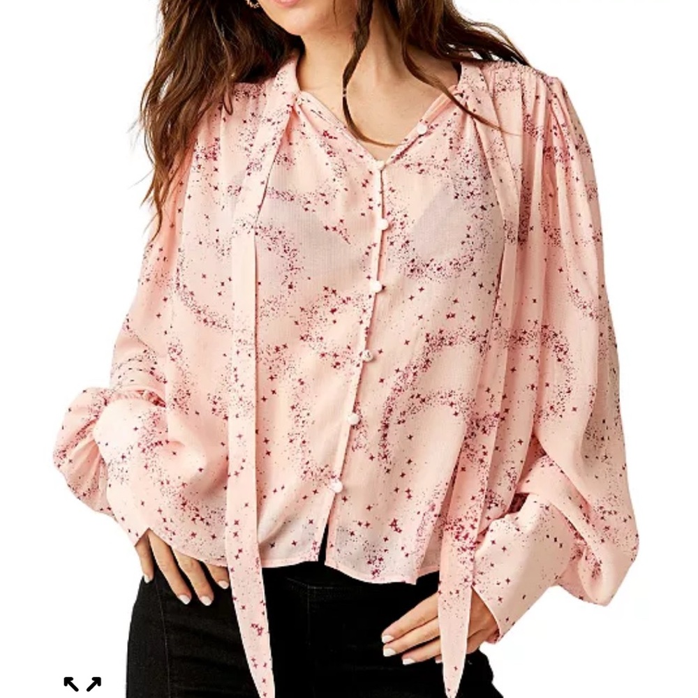 Free People Pink Star Speckled Tie-Neck Blouse